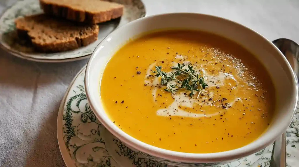 Bowl of creamy carrot ginger soup garnished with coconut milk swirl and sunflower seeds on wooden table