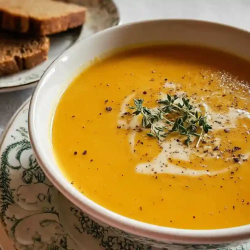 Bowl of creamy carrot ginger soup garnished with coconut milk swirl and sunflower seeds on wooden table