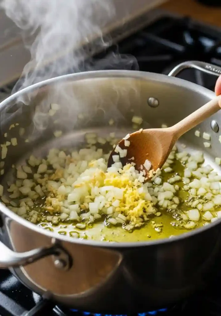 Diced onions, minced garlic, and fresh ginger sautéing in oil in a large pot