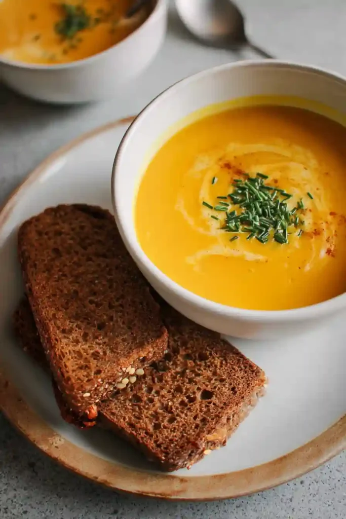 Using immersion blender to puree cooked carrots and vegetables into smooth creamy soup