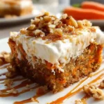 Slice of carrot poke cake with cream cheese frosting and walnuts on white plate with fork