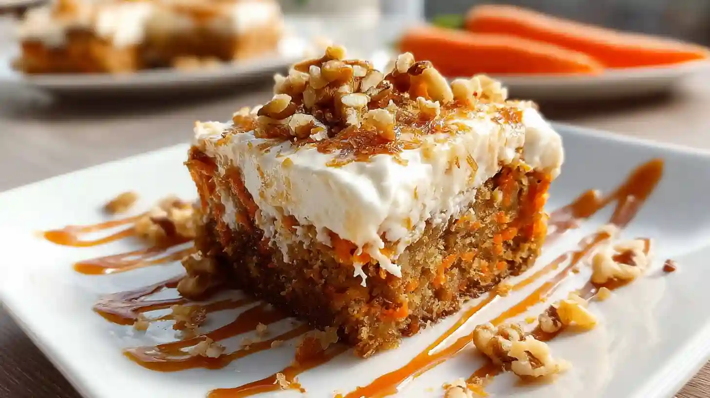 Slice of carrot poke cake with cream cheese frosting and walnuts on white plate with fork