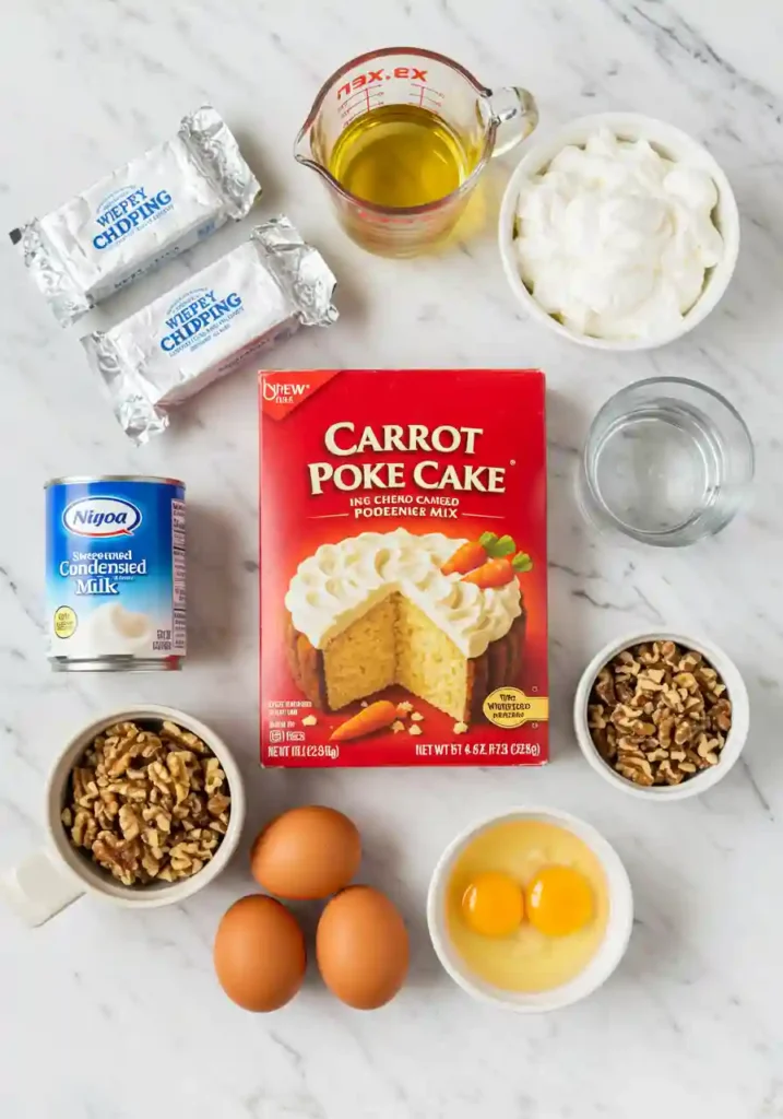 Carrot poke cake ingredients including cake mix, cream cheese, condensed milk, whipped topping, and walnuts