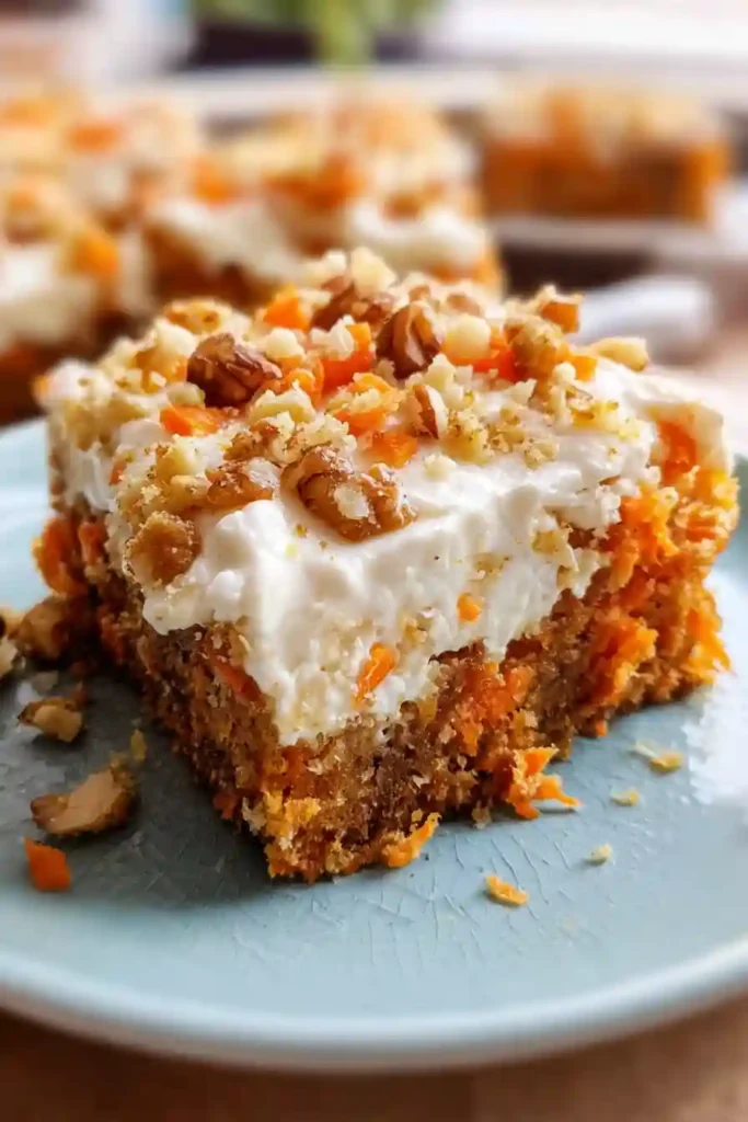 Sprinkling toasted walnuts over cream cheese frosted carrot poke cake before serving