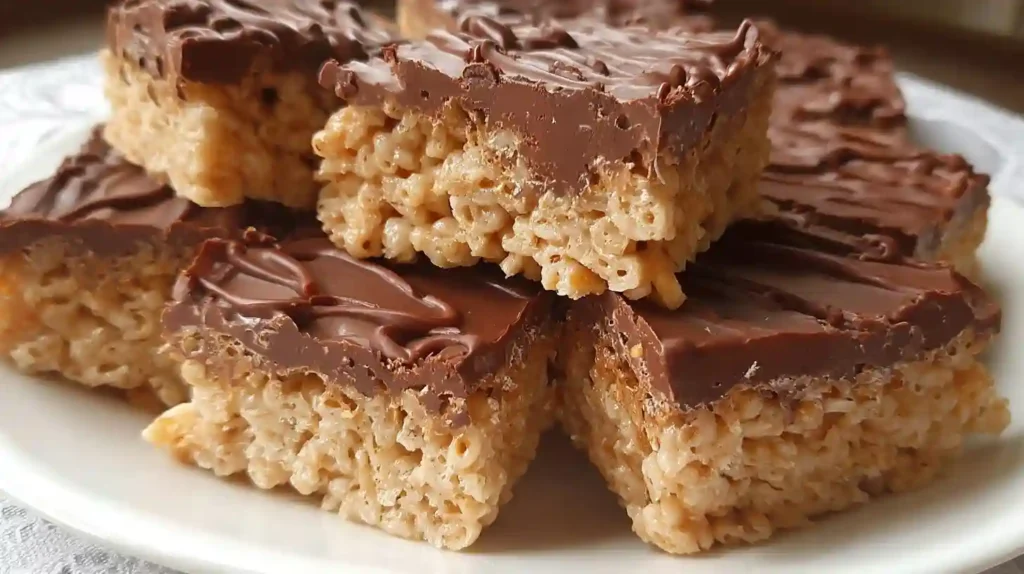 Delicious Chocolate Peanut Butter Rice Crispy Treats displayed on a plate