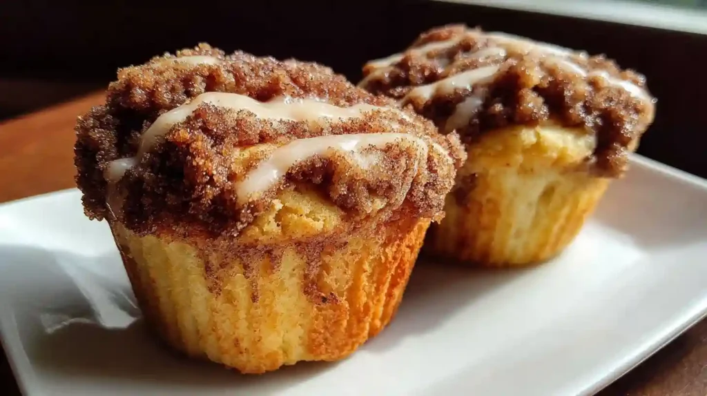Coffee cake muffins with buttery crumble topping and cinnamon swirl on wooden board
