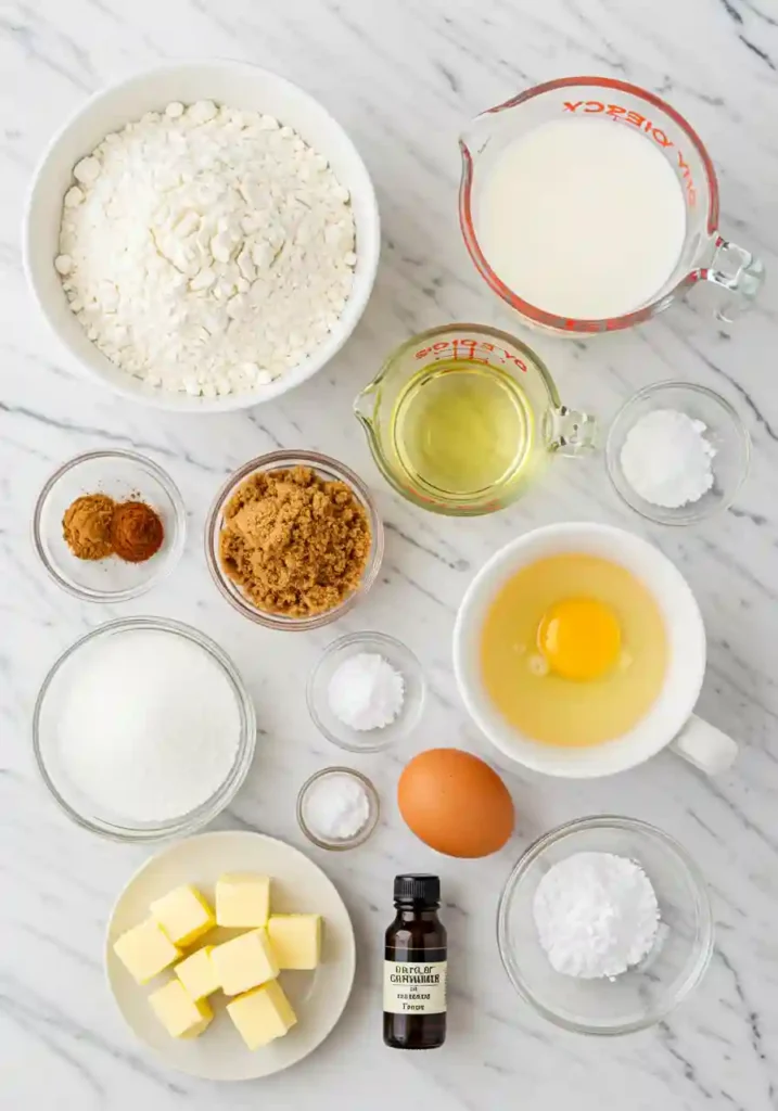 All ingredients for coffee cake muffins including flour, sugar, cinnamon, milk, and butter