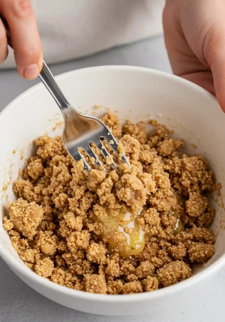 Mixing crumble topping with fork creating coarse crumbs in white bowl