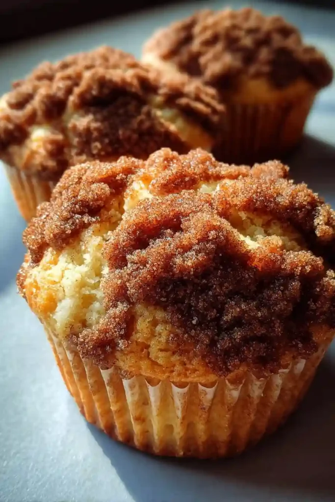 Golden coffee cake muffins cooling on wire rack with one broken open showing texture
