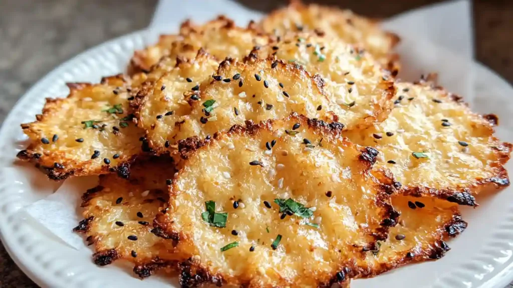 Golden brown cottage cheese crackers topped with everything bagel seasoning on wooden serving board with herb garnish and creamy dip