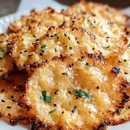 Golden brown cottage cheese crackers topped with everything bagel seasoning on wooden serving board with herb garnish and creamy dip