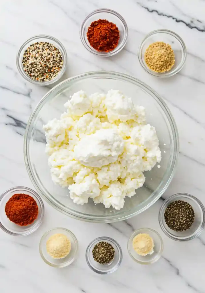 Bowl of cottage cheese with various seasonings including everything bagel seasoning, herbs, and spices arranged on white marble counter
