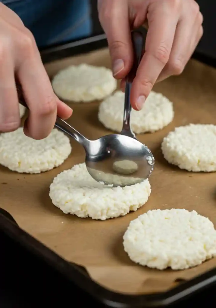 Hands using metal spoon to flatten cottage cheese rounds on parchment-lined baking sheet while adding everything bagel seasoning