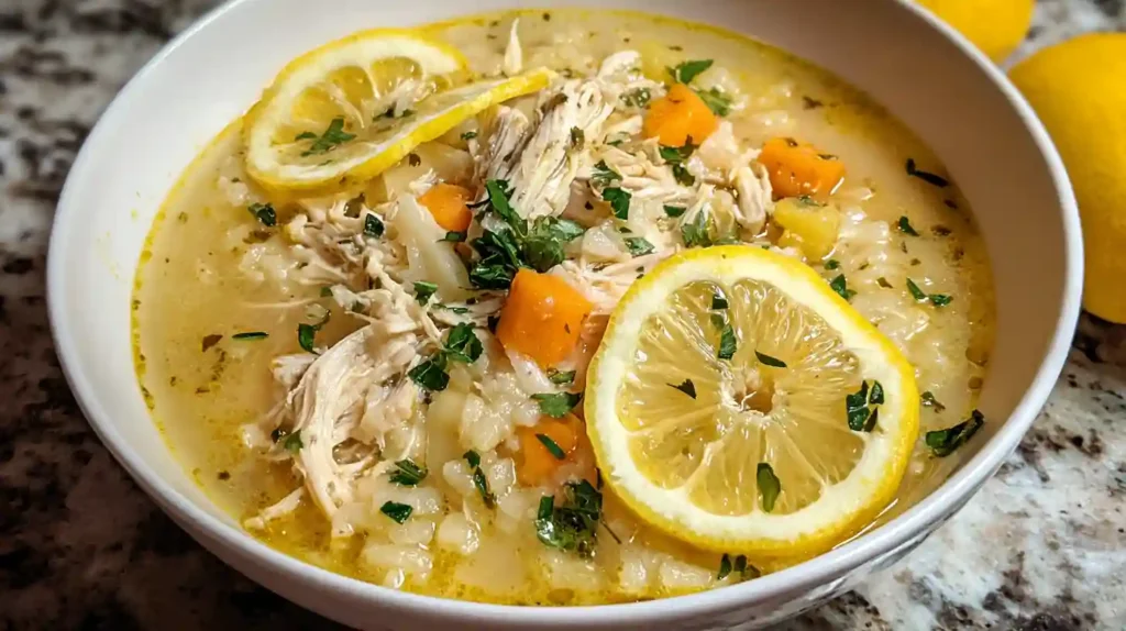 Bowl of crockpot lemon chicken soup with shredded chicken, rice, lemon slices, and fresh parsley garnish