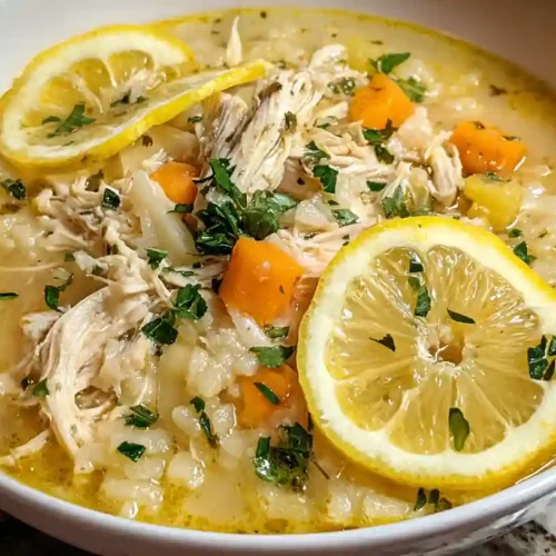 Bowl of crockpot lemon chicken soup with shredded chicken, rice, lemon slices, and fresh parsley garnish