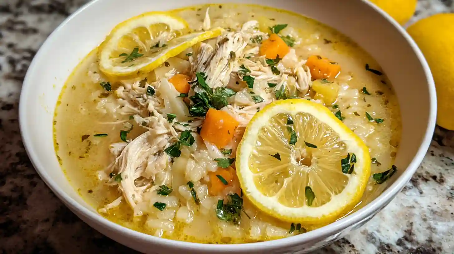 Bowl of crockpot lemon chicken soup with shredded chicken, rice, lemon slices, and fresh parsley garnish