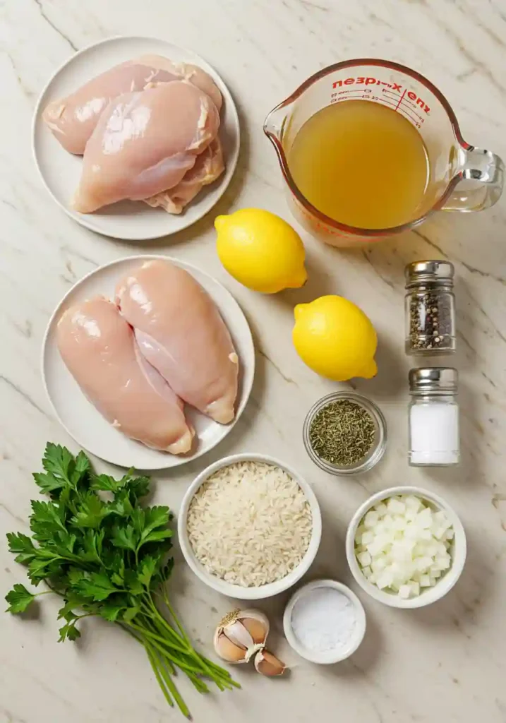 Raw ingredients for crockpot lemon chicken soup including chicken breasts, rice, fresh lemon, onion, garlic, and seasonings