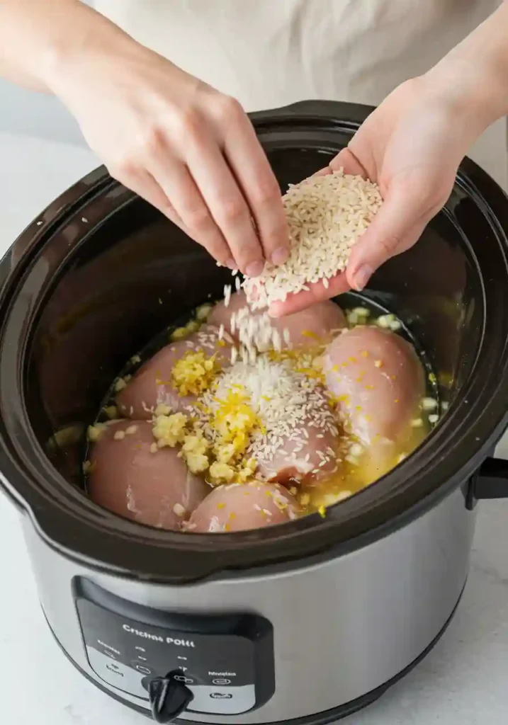Adding rice, onion, garlic, and seasonings to crockpot with chicken breasts and broth