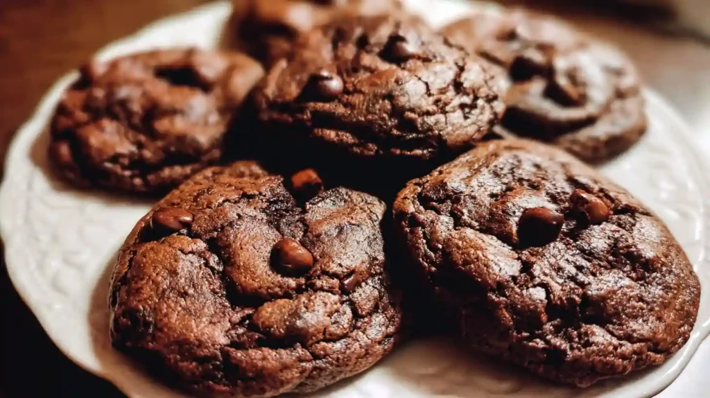 Freshly baked chocolate chip cookies on a rustic wooden table.