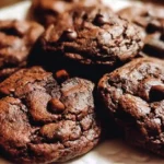 Freshly baked chocolate chip cookies on a rustic wooden table.