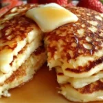 Stack of golden flourless cottage cheese pancakes drizzled with maple syrup and topped with fresh blueberries on white plate