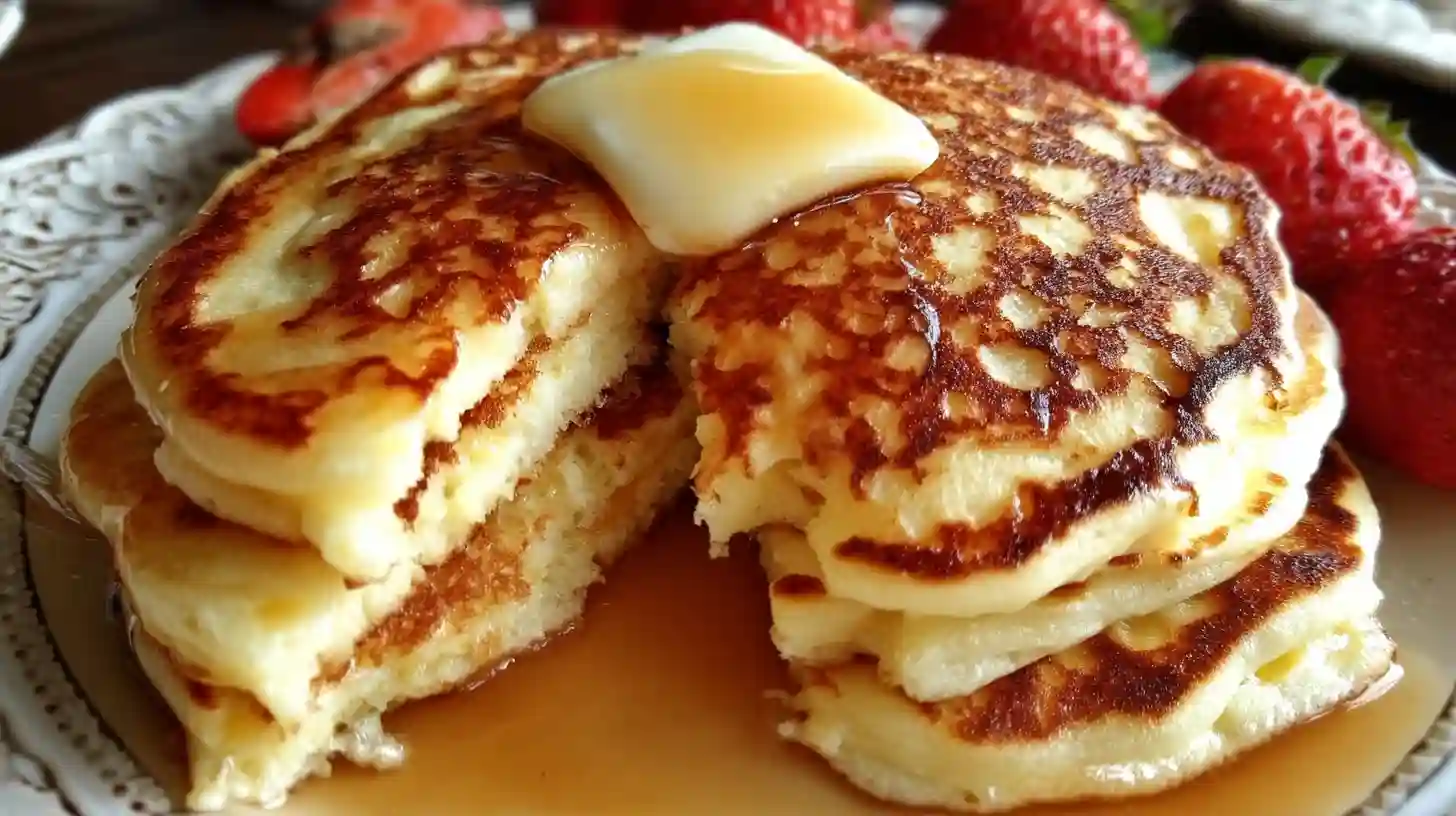 Stack of golden flourless cottage cheese pancakes drizzled with maple syrup and topped with fresh blueberries on white plate