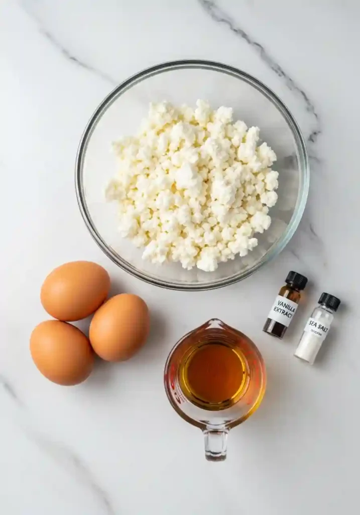 Cottage cheese in bowl, three eggs, and maple syrup arranged on marble counter for pancake recipe
