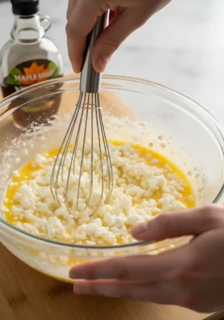 Whisking eggs and cottage cheese together in glass mixing bowl showing proper batter consistency
