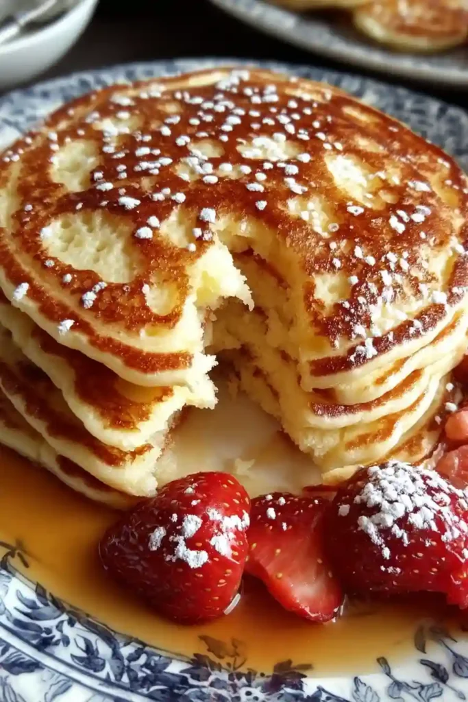 Golden cottage cheese pancake being flipped with spatula in black skillet showing caramelized bottom