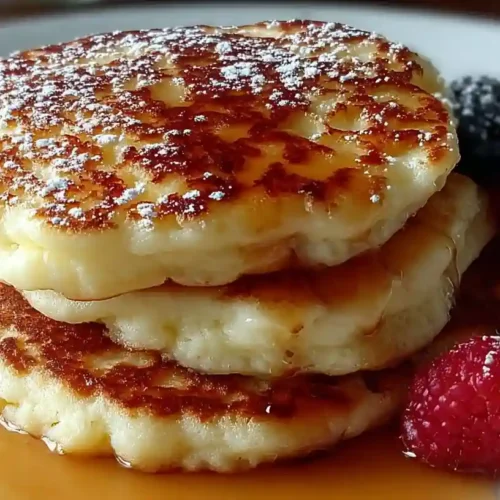 Stack of fluffy gluten free cottage cheese pancakes drizzled with maple syrup and topped with fresh blueberries and strawberries on white plate