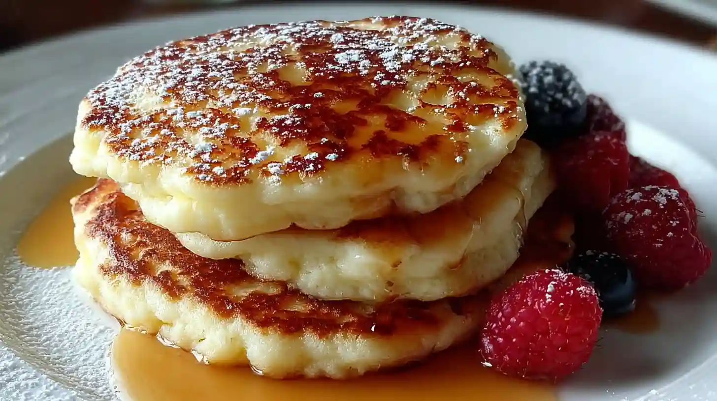 Stack of fluffy gluten free cottage cheese pancakes drizzled with maple syrup and topped with fresh blueberries and strawberries on white plate