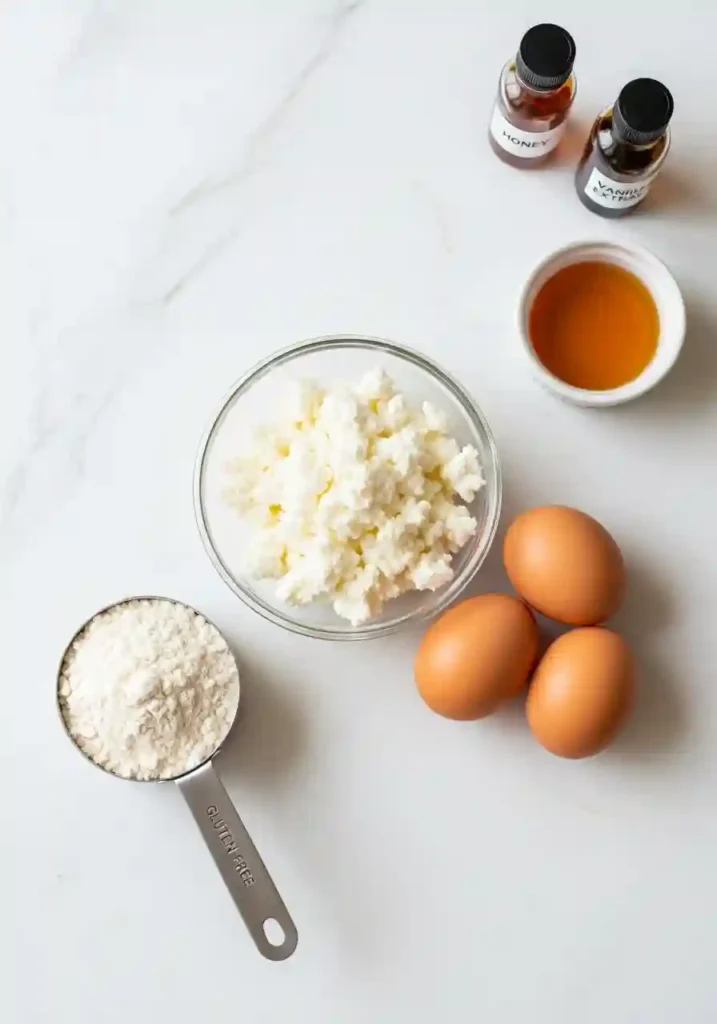 Five basic ingredients for gluten free cottage cheese pancakes including cottage cheese, eggs, gluten-free flour, honey, and vanilla extract on marble counter