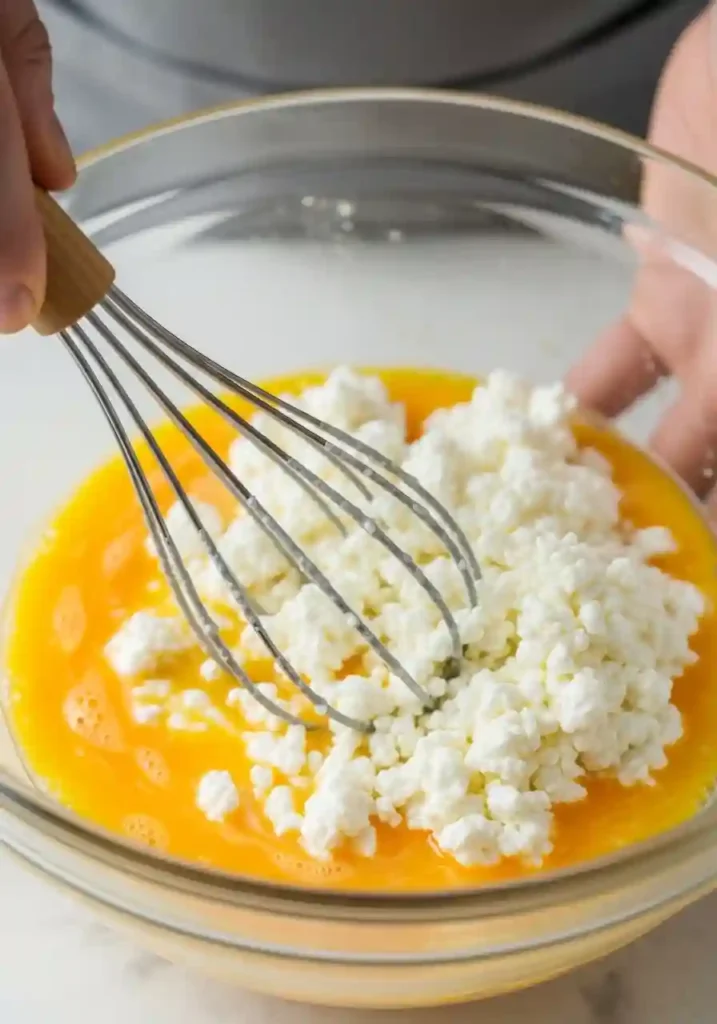 Whisking cottage cheese and eggs together in clear glass bowl showing creamy texture with visible curds for gluten free pancake batter