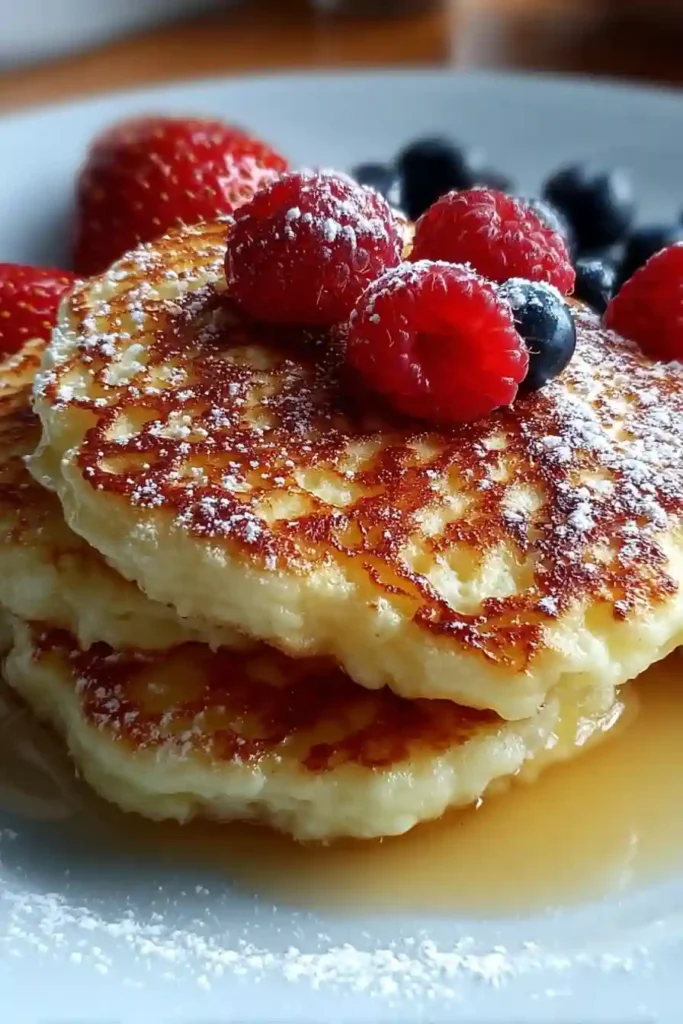 Golden-brown cottage cheese pancake cooking in non-stick skillet with bubbles forming on surface, ready to flip with spatula