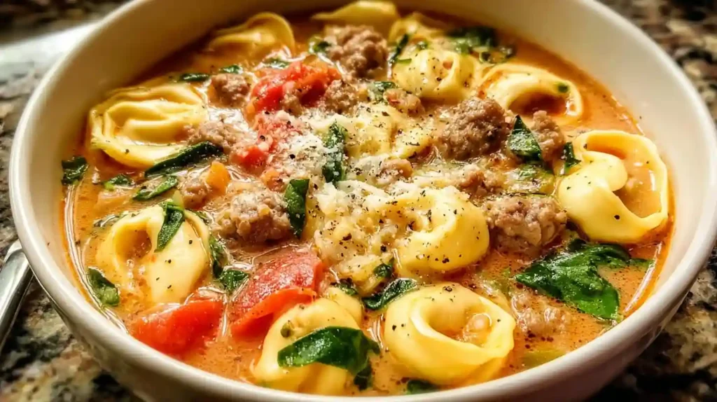 Bowl of Italian Sausage Tortellini Soup with cheese tortellini, sausage, spinach, and Parmesan garnish on wooden table