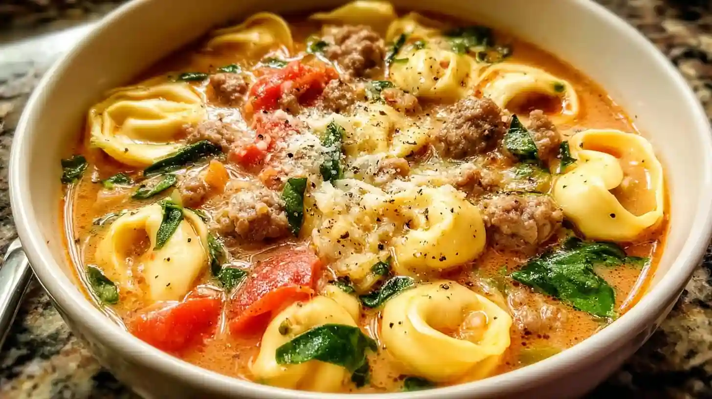 Bowl of Italian Sausage Tortellini Soup with cheese tortellini, sausage, spinach, and Parmesan garnish on wooden table