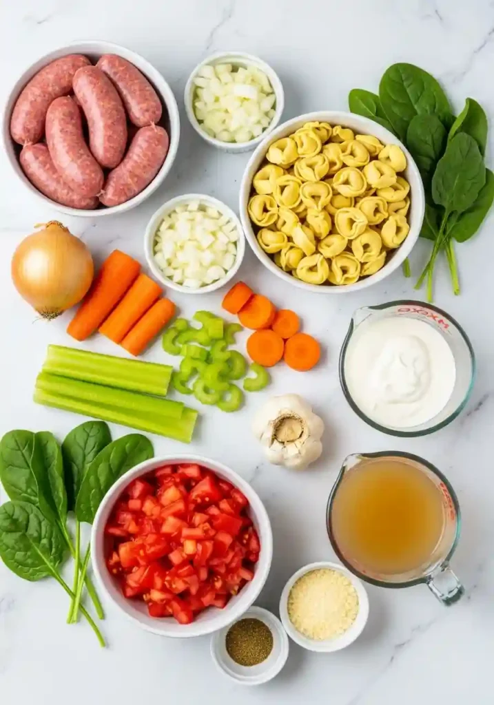 Raw ingredients for Italian Sausage Tortellini Soup including sausage links, fresh tortellini, vegetables, herbs, and broth