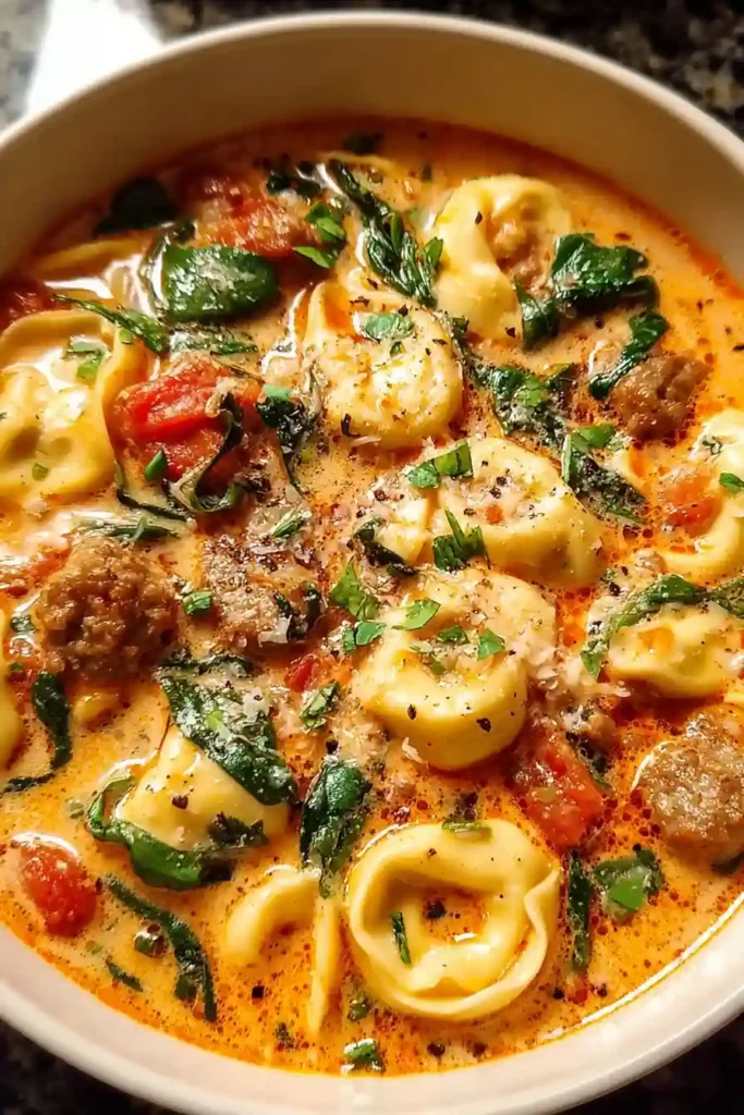 Hand adding fresh spinach leaves to simmering Italian Sausage Tortellini Soup with cooked tortellini visible