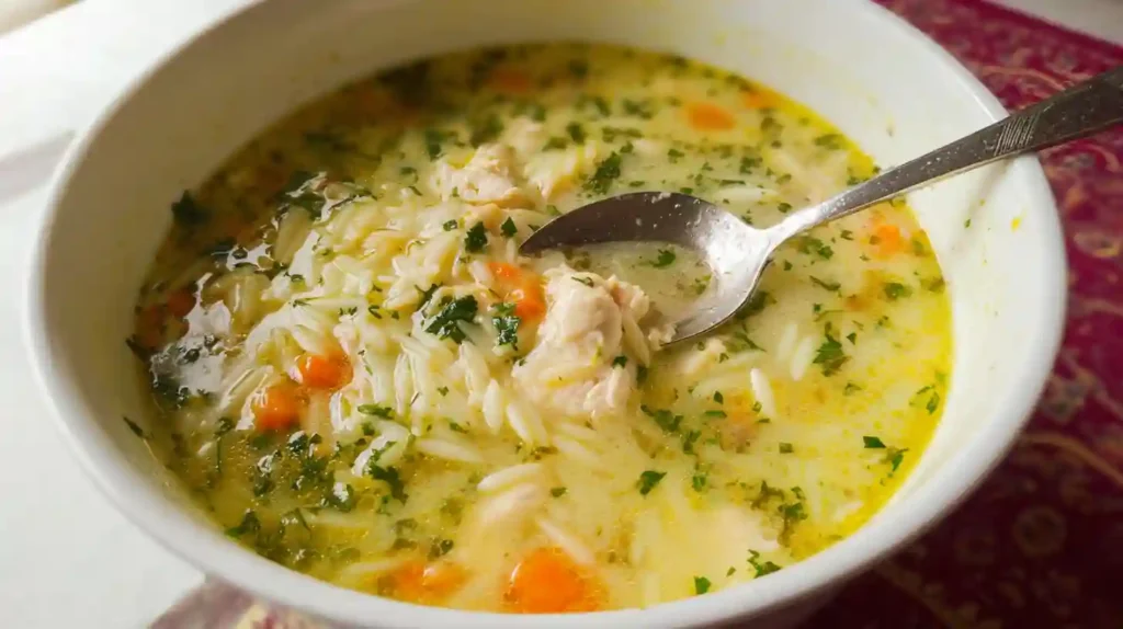 Bowl of lemon chicken orzo soup with shredded chicken, orzo pasta, carrots, and fresh herbs garnish