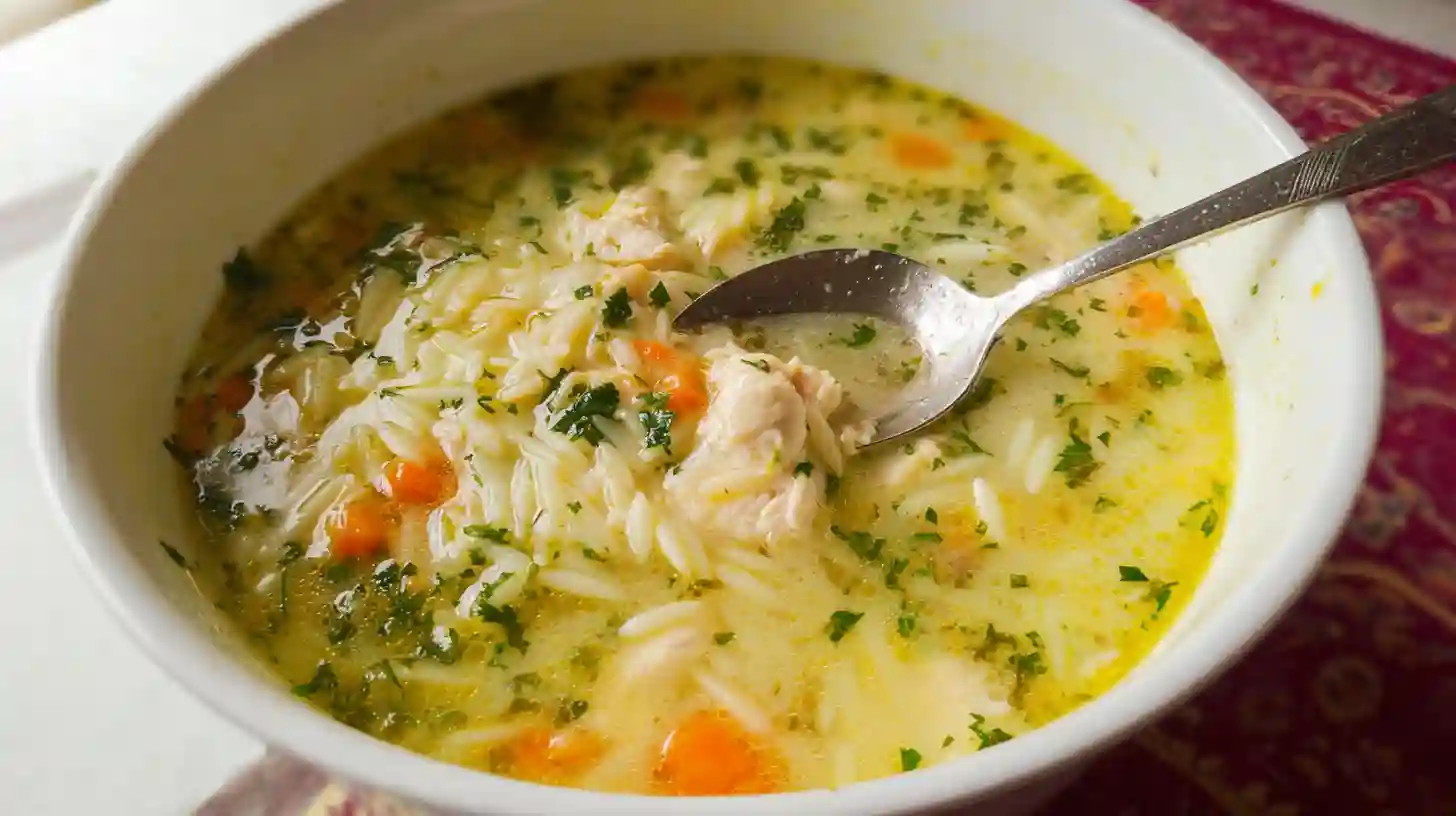 Bowl of lemon chicken orzo soup with shredded chicken, orzo pasta, carrots, and fresh herbs garnish