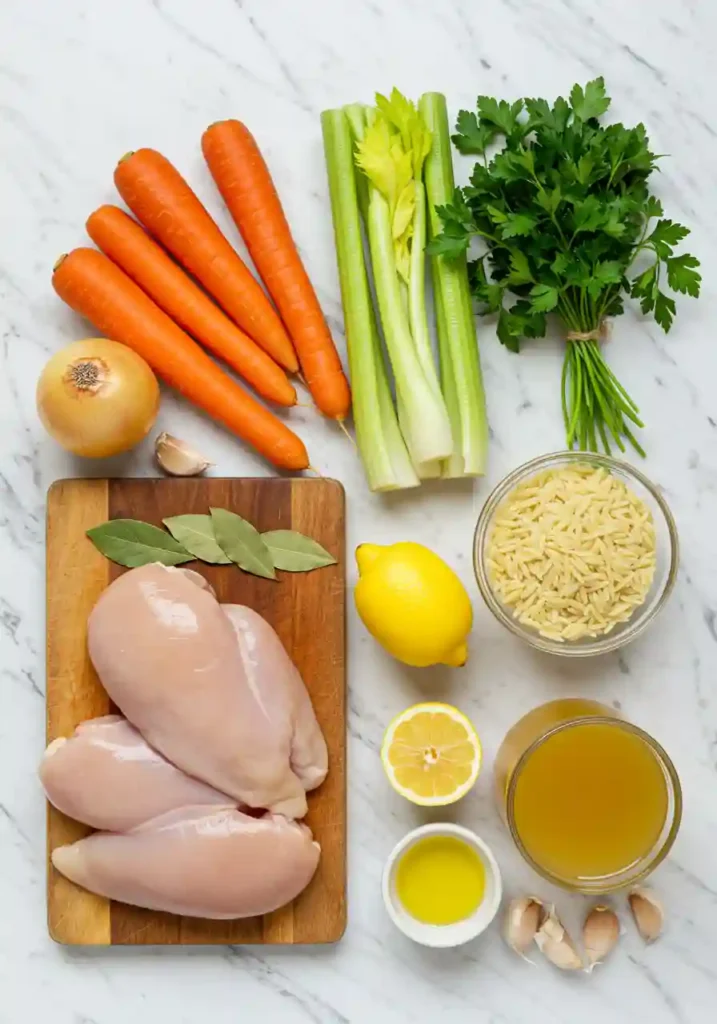 Fresh ingredients for lemon chicken orzo soup including chicken breasts, orzo pasta, carrots, celery, onions, lemons, and herbs