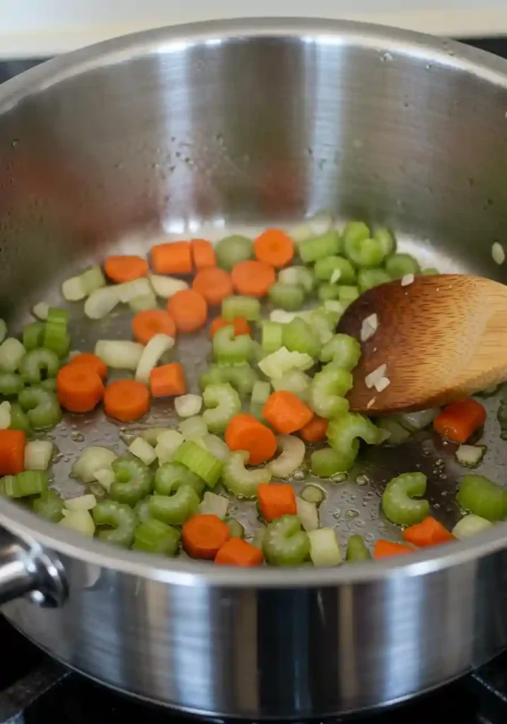 Diced onions, sliced carrots, and chopped celery cooking in pot with olive oil and butter
