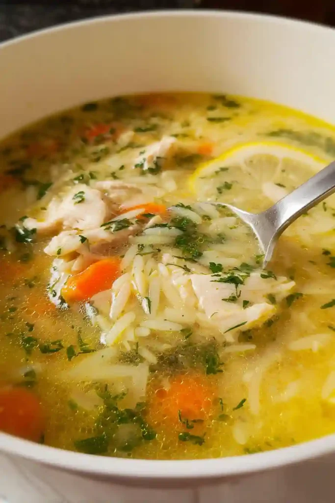 Pouring fresh lemon juice into pot of finished chicken orzo soup with visible pasta and shredded chicken