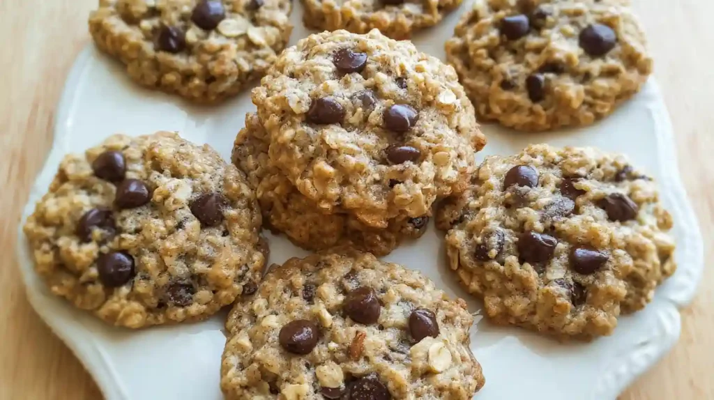 Homemade oatmeal chocolate chip cookies on a cooling rack
