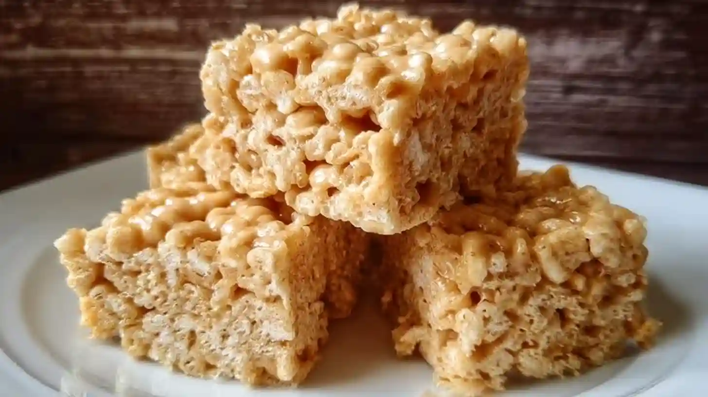Peanut Butter Rice Krispie Treats stacked on a plate