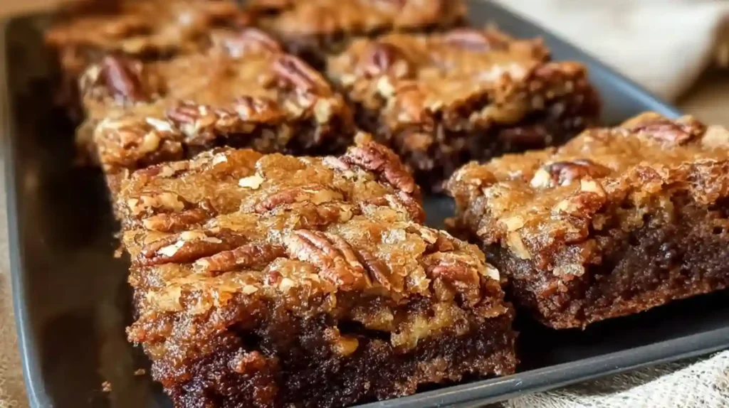 Pecan pie brownies with glossy caramel pecan topping on chocolate brownie base