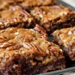 Pecan pie brownies with glossy caramel pecan topping on chocolate brownie base