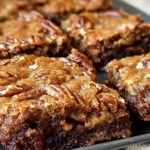Pecan pie brownies with glossy caramel pecan topping on chocolate brownie base