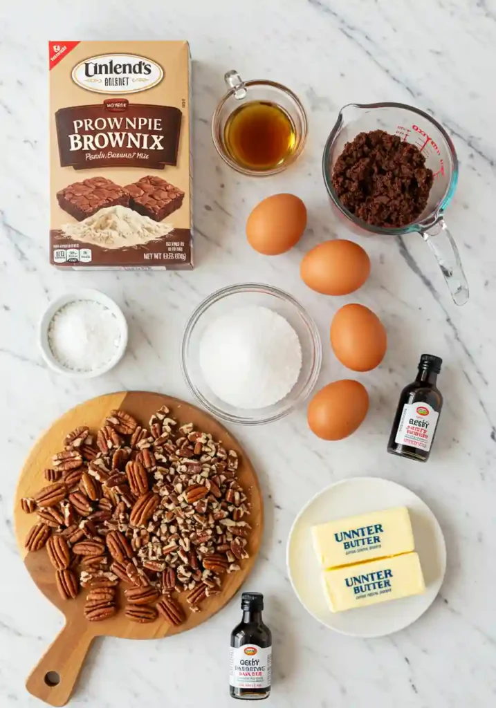Brownie mix, sugar, corn syrup, eggs, butter, vanilla extract, and pecans for pecan pie brownies