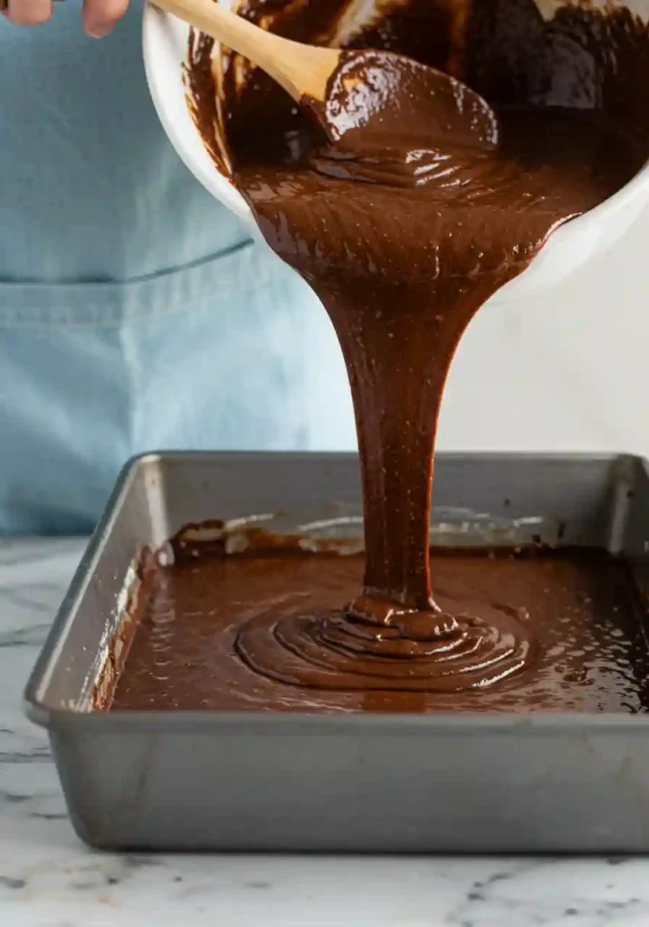 Chocolate brownie batter being poured into greased 13x9 inch metal baking pan